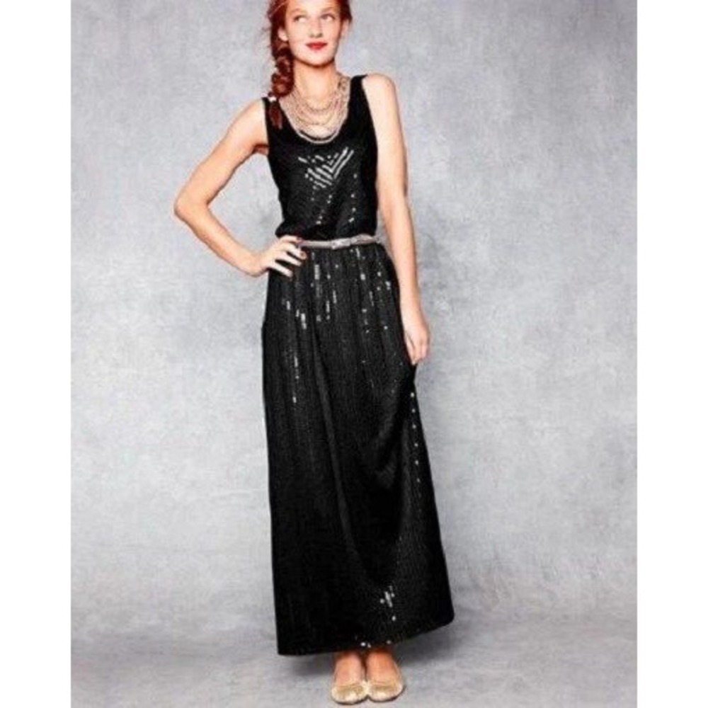 Garnet Hill Black Sequin Maxi V-Neck Sleeveless Dress w/Pockets